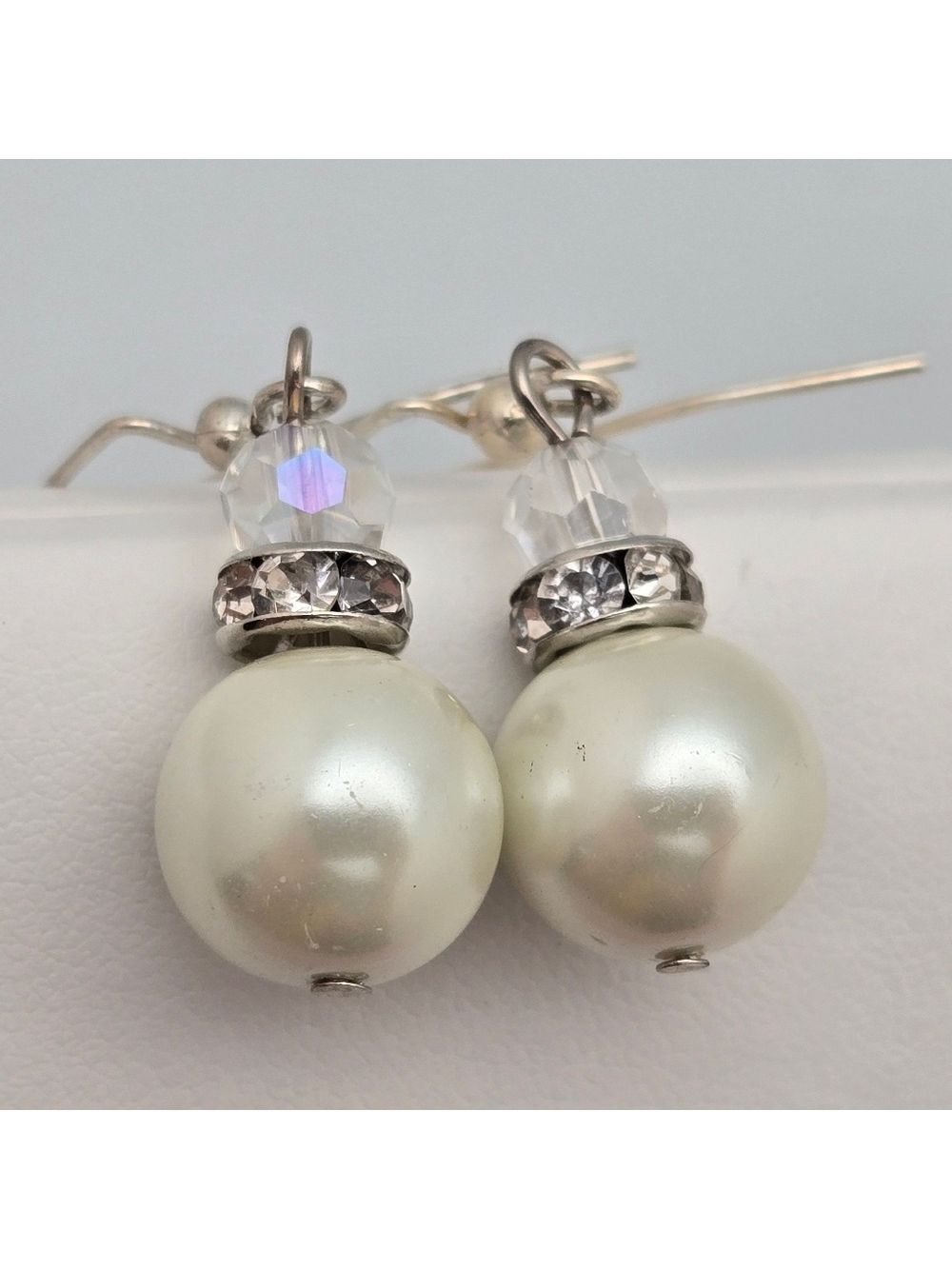 Handmade Silver-Tone Glass Faux Pearl & Rhinestone Drop Earrings